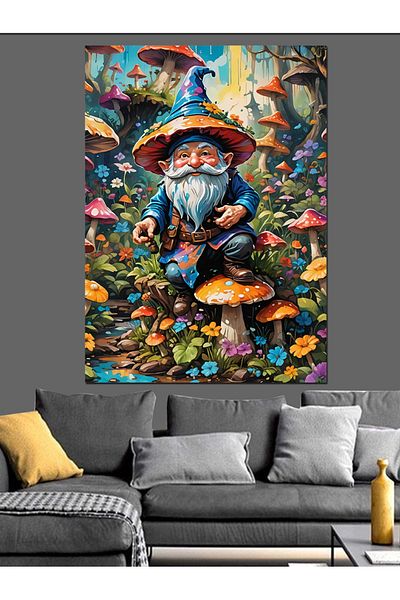Tablomega Mushrooms and Dwarf in the Forest Decorative Canvas - Mdf Wooden Painting
