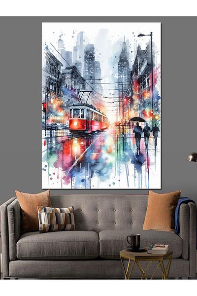 Tablomega Watercolor Colored Tram Decorative Canvas - Mdf Wooden Painting