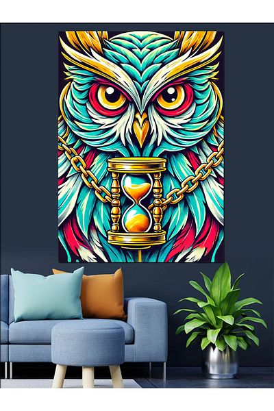 Tablomega Pânză decorativă cu bufniță colorată și clepsidra - Lemn MDF