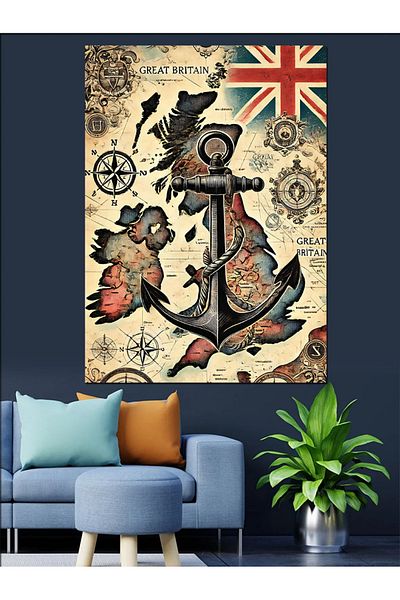 Tablomega Nautical Map and Nautical Icons Decorative Canvas - Mdf Wooden Painting
