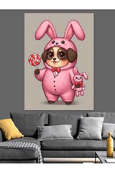 Tablomega Pânză decorativă Pink Rabbit and Candy - Lemn MDF