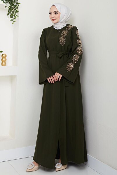 hafsamina Flower Stone Belt Ferace Khaki (Hm2713)