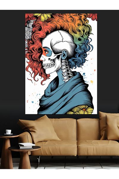 Tablomega Γυναικείο Διακοσμητικό Καμβάς Skull με Πολύχρωμα Μαλλιά - Ξύλινο Πίνακα MDF