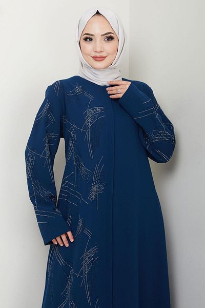 hafsamina Large-Sized Ferace with One Side and Handles of Stones Indigo Hm2711