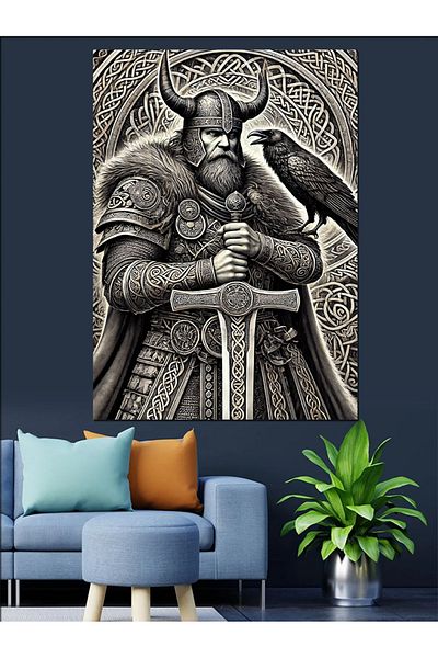Tablomega Διακοσμητικός καμβάς Viking Warrior and Raven - Ξύλινος πίνακας MDF