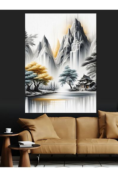 Tablomega White Mountain and House Landscape Decorative Canvas - Mdf Wooden Painting