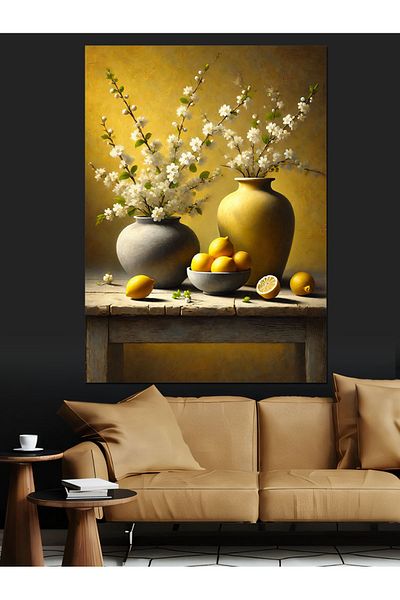 Tablomega Lemon and Flower Vase Decorative Canvas - Mdf Wooden Table
