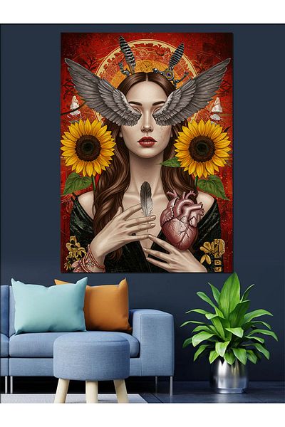 Tablomega Sunflower Woman and Heart Decorative Canvas - Mdf Wooden Painting