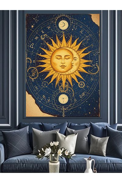 Tablomega Pânză decorativă cu desen de soare și lună - pictură din lemn MDF