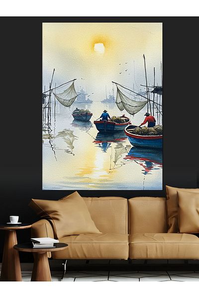 Tablomega Fishing Boats Drawing Decorative Canvas - Mdf Wooden Painting