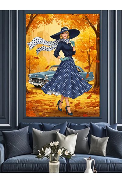 Tablomega Autumn Woman and Blue Dress Decorative Canvas - Mdf Wood Painting