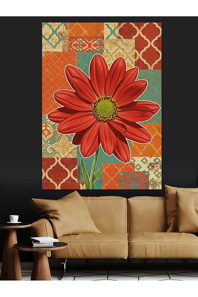 Tablomega Red Flower and Geometric Background Decorative Canvas - Mdf Wooden Painting