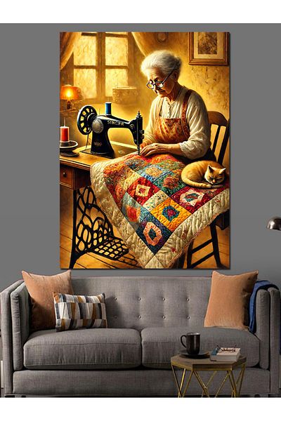 Tablomega Old Lady and Sewing Machine Decorative Canvas - Mdf Wood Painting