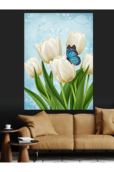 Tablomega Pânză decorativă lalele albe și fluture - pictură din lemn MDF