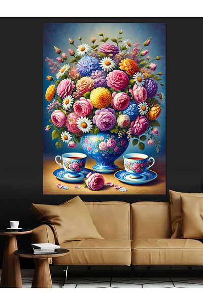 Tablomega Floral Vase and Teacup Decorative Canvas - Mdf Wooden Painting