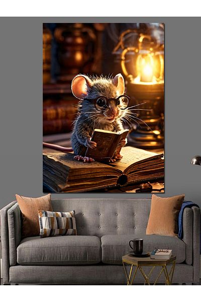 Tablomega Mouse Reading a Book Decorative Canvas - Mdf Wooden Table