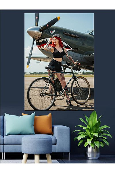 Tablomega Bicicletă Retro și Pânză Decorativă Femei - Lemn MDF