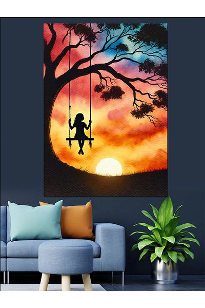 Tablomega Sunset on a Swing Decorative Canvas - Mdf Wooden Painting