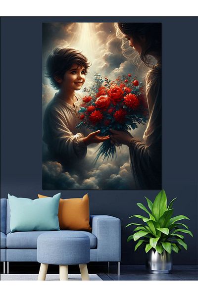 Tablomega Cute Child Giving Flowers to His Mother Decorative Canvas - Mdf Wooden Painting