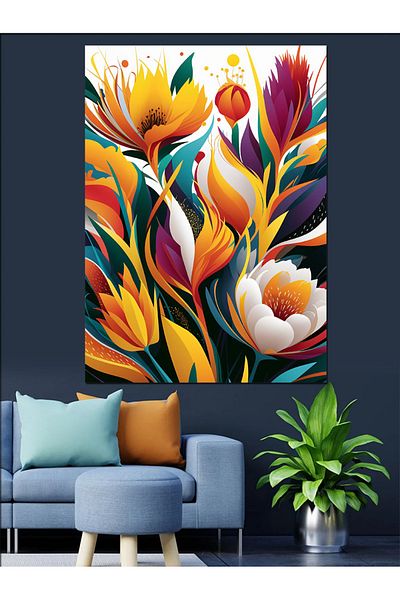 Tablomega Colorful Flowers Decorative Canvas - Mdf Wooden Painting