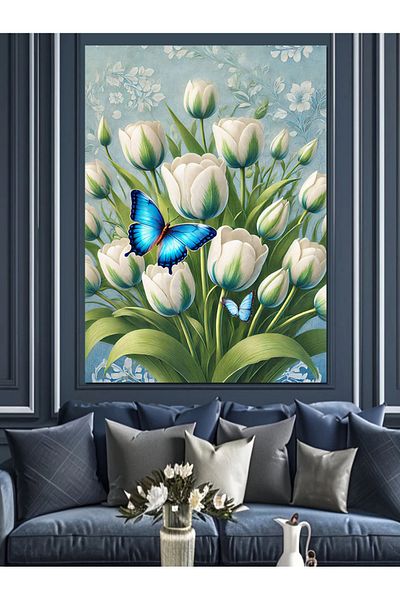 Tablomega Canvas Decorativ Lalele Albe Fluture - MDF Lemn