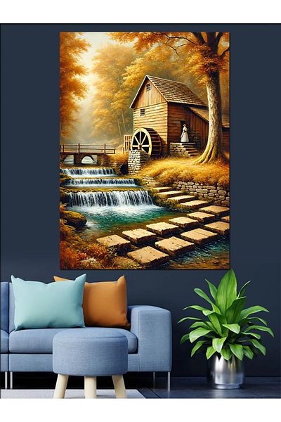 Tablomega Old Mill by Waterfall Decorative Canvas - Mdf Wooden Painting