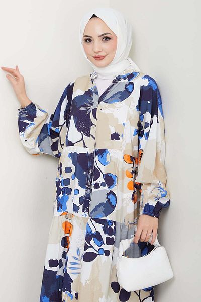 benguen Φόρεμα Hijab με σχέδιο, Μπλε μοντέλο 4731 # Συνταγματικό περιεχόμενο # :