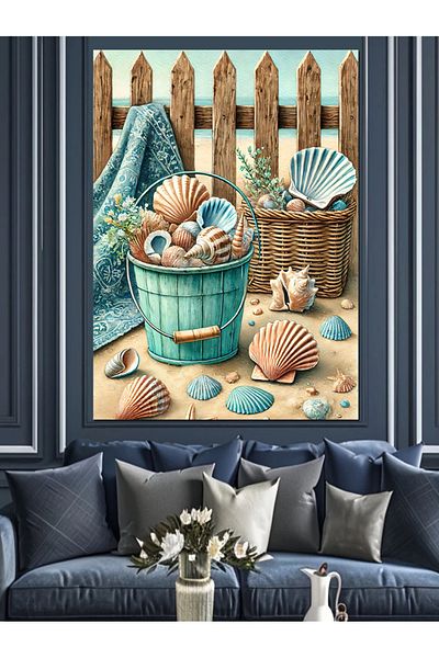 Tablomega Sea Shells and Wooden Fence Decorative Canvas - Mdf Wooden Painting