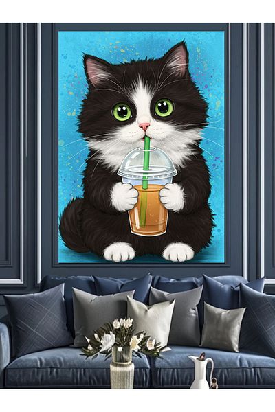 Tablomega Cat Drinking Lemonade Decorative Canvas - Mdf Wooden Painting
