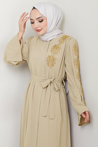 hafsamina Flower Stone Belted Ferace, Beige Hm2713