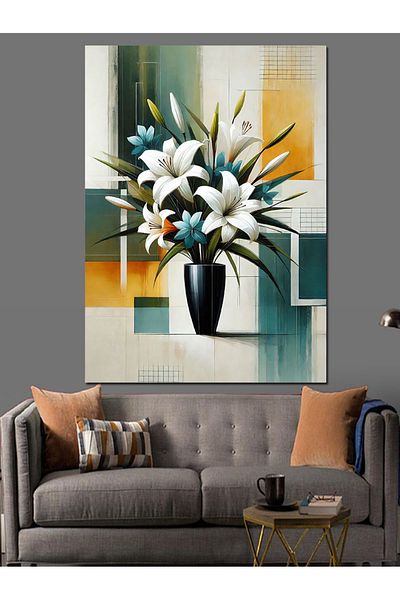 Tablomega Elegant White Flower Arrangement Decorative Canvas - Mdf Wooden Table