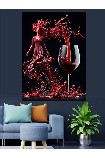 Tablomega Woman in Red Dress and Wine Decorative Canvas - Mdf Wooden Painting