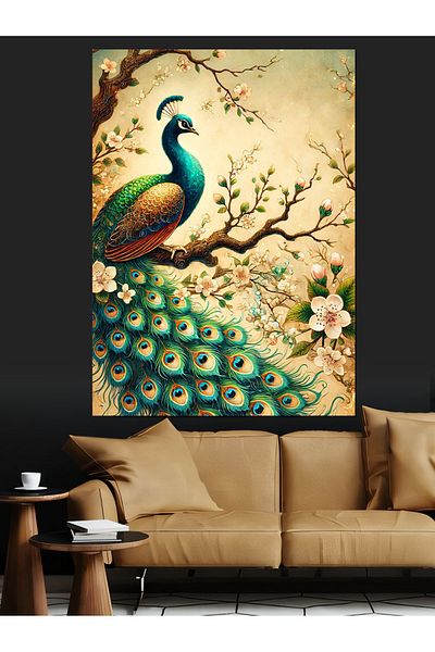 Tablomega Peacock and Flower Branch Decorative Canvas - Mdf Wooden Painting