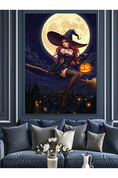 Tablomega Witch Flight in Moonlight Decorative Canvas - Mdf Wooden Painting