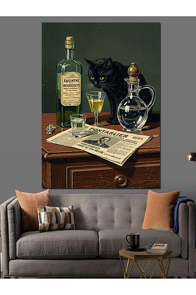 Tablomega Black Cat and Alcohol Table Decorative Canvas - Mdf Wooden Table