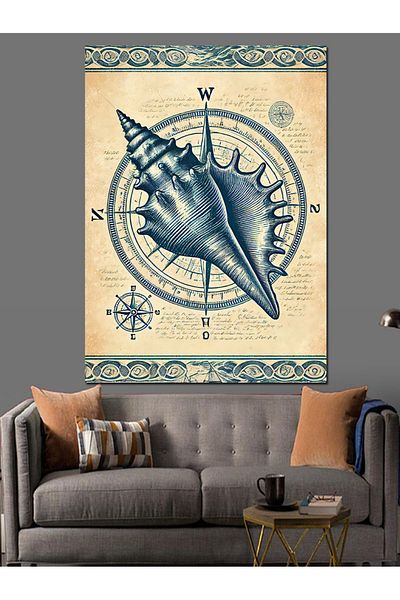Tablomega Seashell and Compass Drawing Decorative Canvas - Mdf Wooden Painting