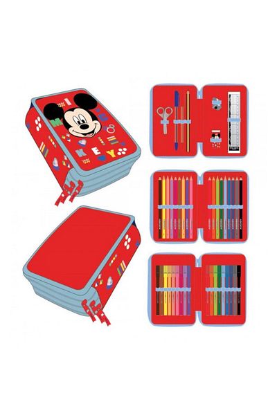 Mickey Mouse Pencil case with 3 compartments, equipped, 43 pieces, red, Disney Mickey Mouse