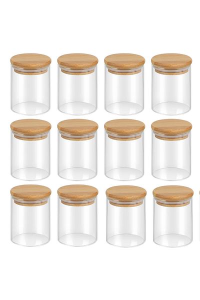 ERKUGO 12 Pieces Vacuumed Bamboo Lid Borosilicate Spice Bowl, Storage Container, Snack Bowl (200 ml) Jarpot