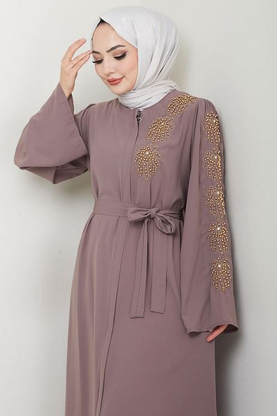 hafsamina Flower Stone Belted Ferace Mink Hm2713