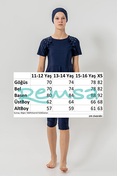 Adasea Uv Protection Young Girl Short Sleeve Semi Covered Hijab Swimsuit 1907 Dark Navy