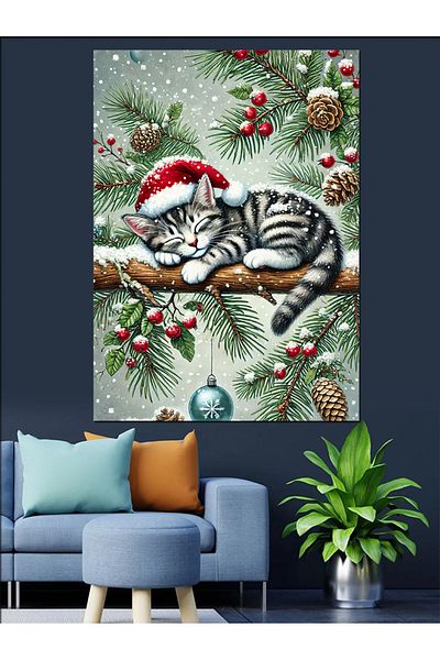 Tablomega Christmas Themed Sleeping Cat Decorative Canvas - Mdf Wooden Painting