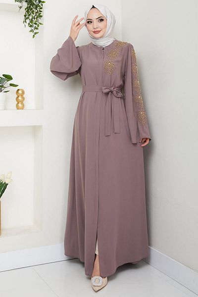 hafsamina Flower Stone Belted Ferace Mink Hm2713