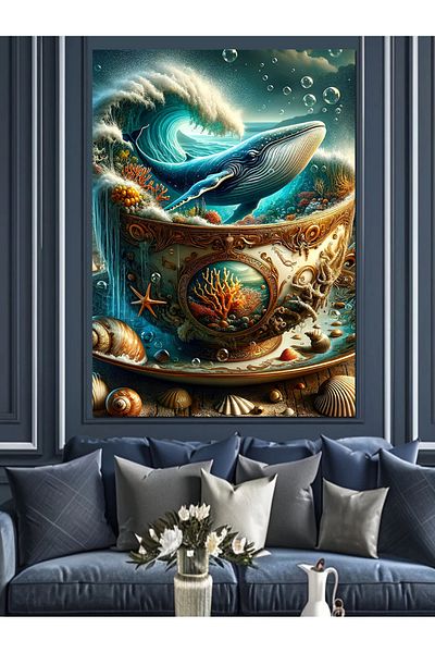 Tablomega Whale and Sea Wave Decorative Canvas Inside a Cup - Mdf Wooden Painting