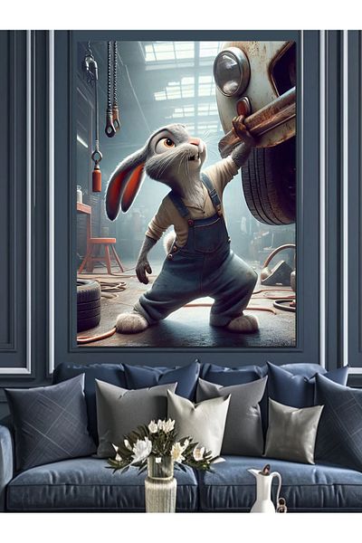 Tablomega Rabbit Repairing a Car in the Industry Decorative Canvas - Mdf Wooden Painting
