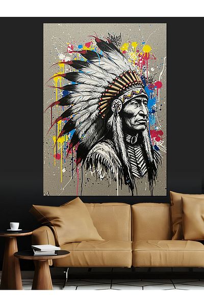 Tablomega Native American Chief and Colorful Paint Effects Decorative Canvas - Mdf Wood Painting