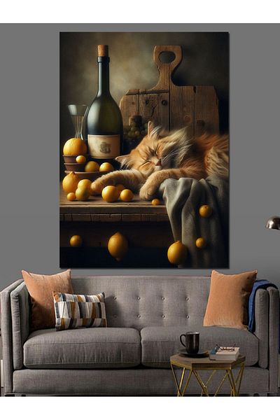 Tablomega Wine, Cheese and Cat Decorative Canvas - Mdf Wooden Painting