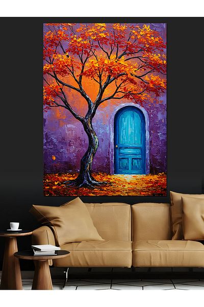Tablomega Blue Door and Tree Decorative Canvas - Mdf Wooden Painting