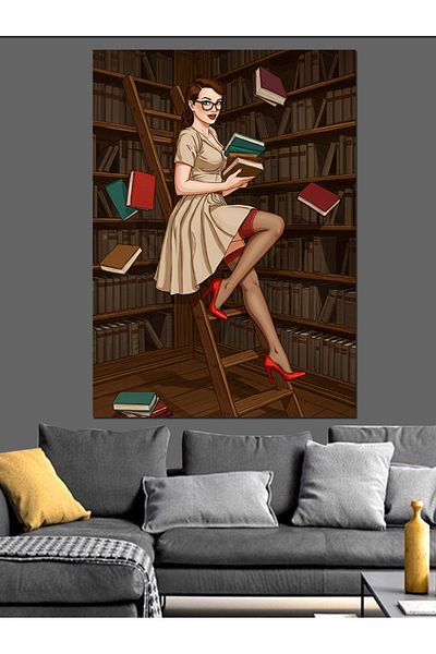 Tablomega Retro Woman Decorative Canvas with Books - Mdf Wooden Painting