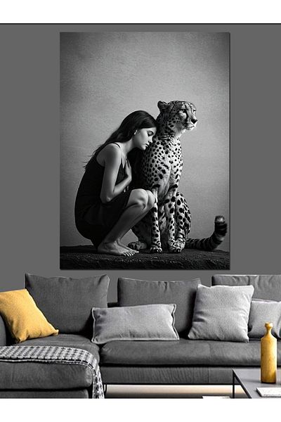 Tablomega Pânză decorativă Siluetă de femeie și leopard - Lemn MDF