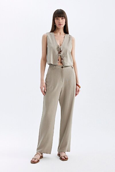 DeFacto Straight Fit High Waist Wide Leg Long Length Linen Blended Pants with Pockets C8644Ax24Sm
